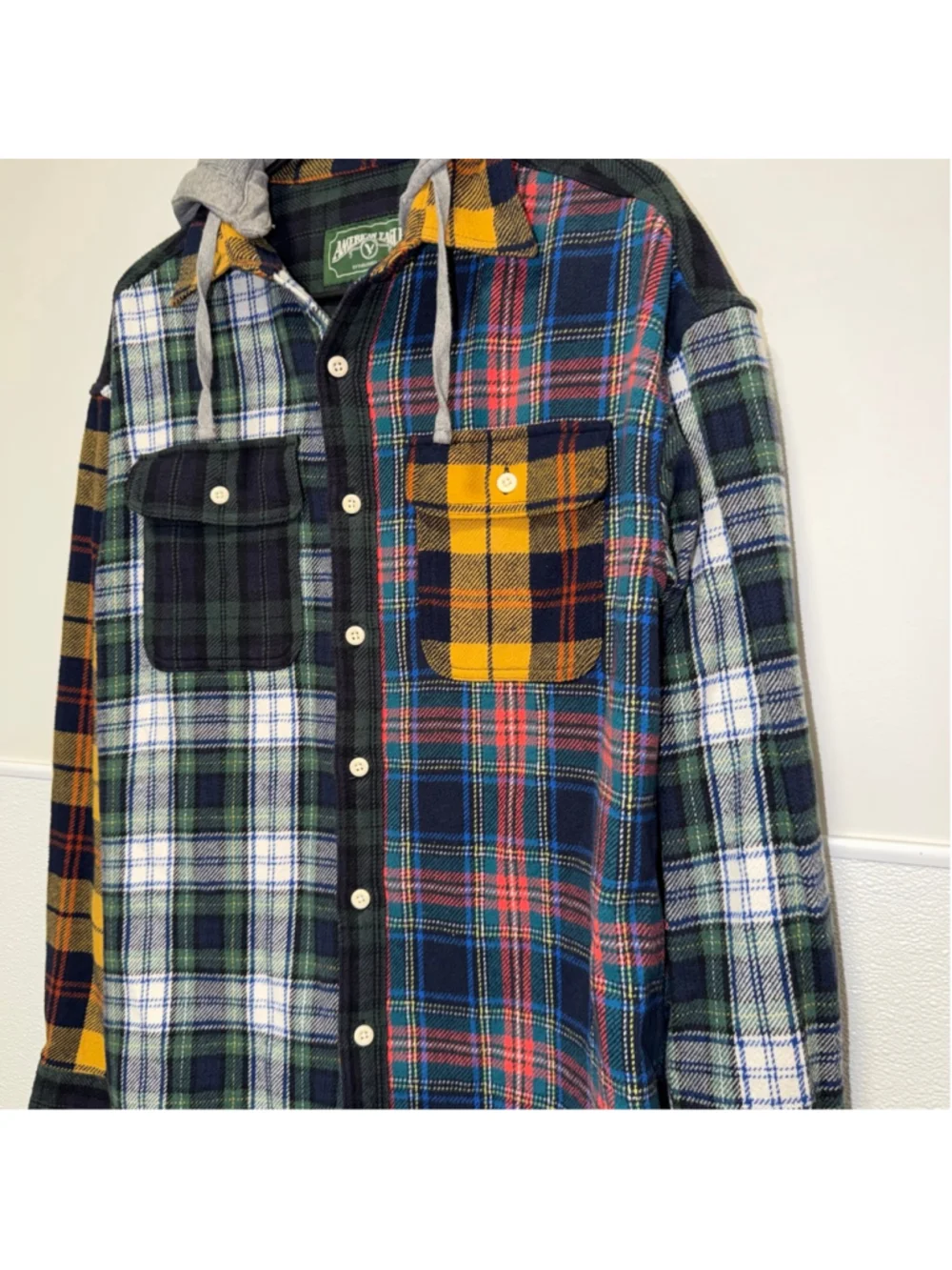 Mens American Eagle AEO Multi-color plaid Casual Shirt removable hood S Small